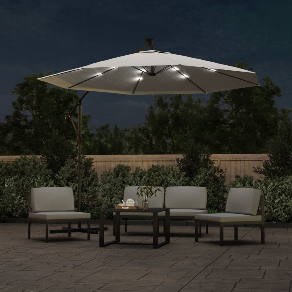 Pakabinamas skėtis su LED, smėlio, 300cm, metalinis kotas