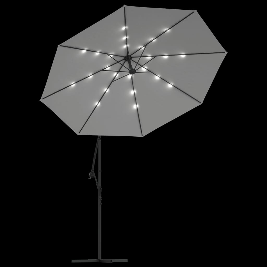 Pakabinamas skėtis su LED, smėlio, 300cm, metalinis kotas