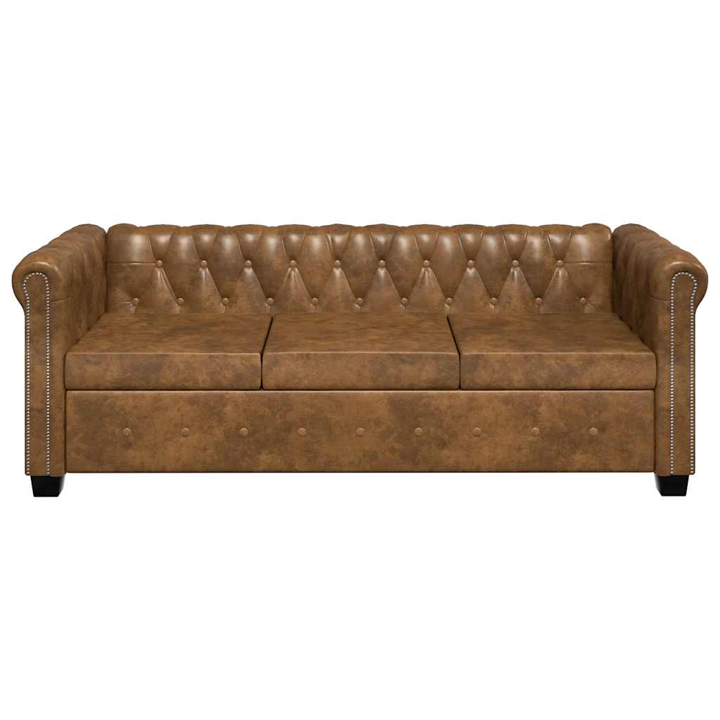 Chesterfield trivietė sofa, dirbtinė oda, ruda