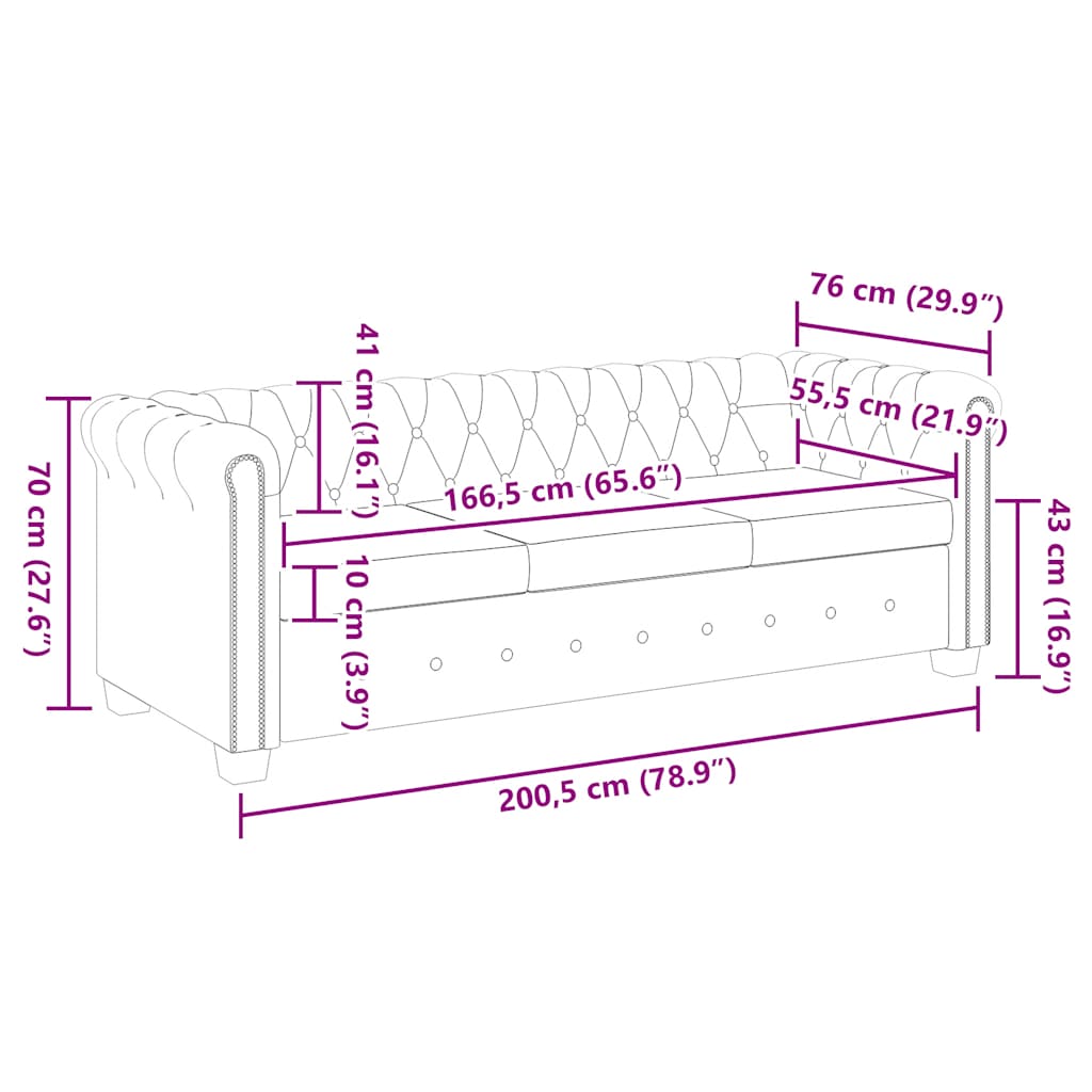 Chesterfield trivietė sofa, dirbtinė oda, ruda