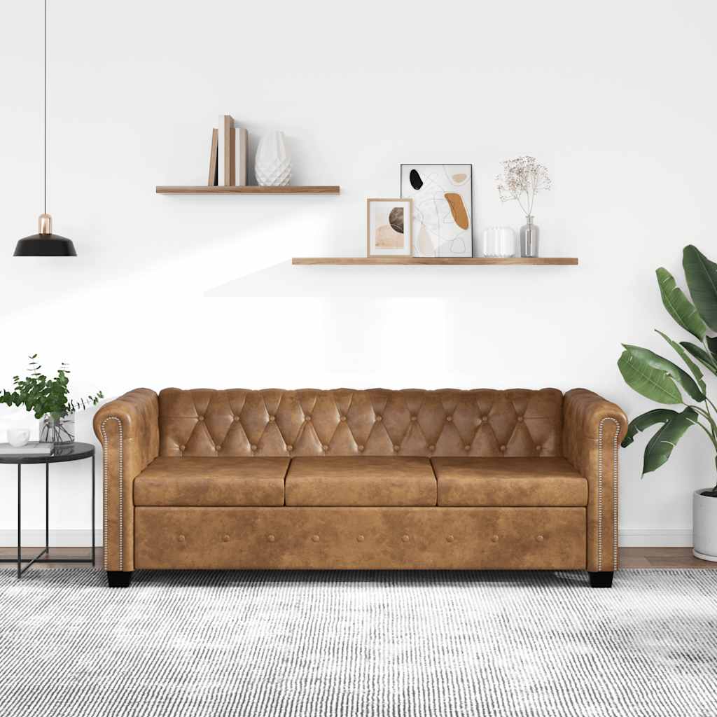 Chesterfield trivietė sofa, dirbtinė oda, ruda