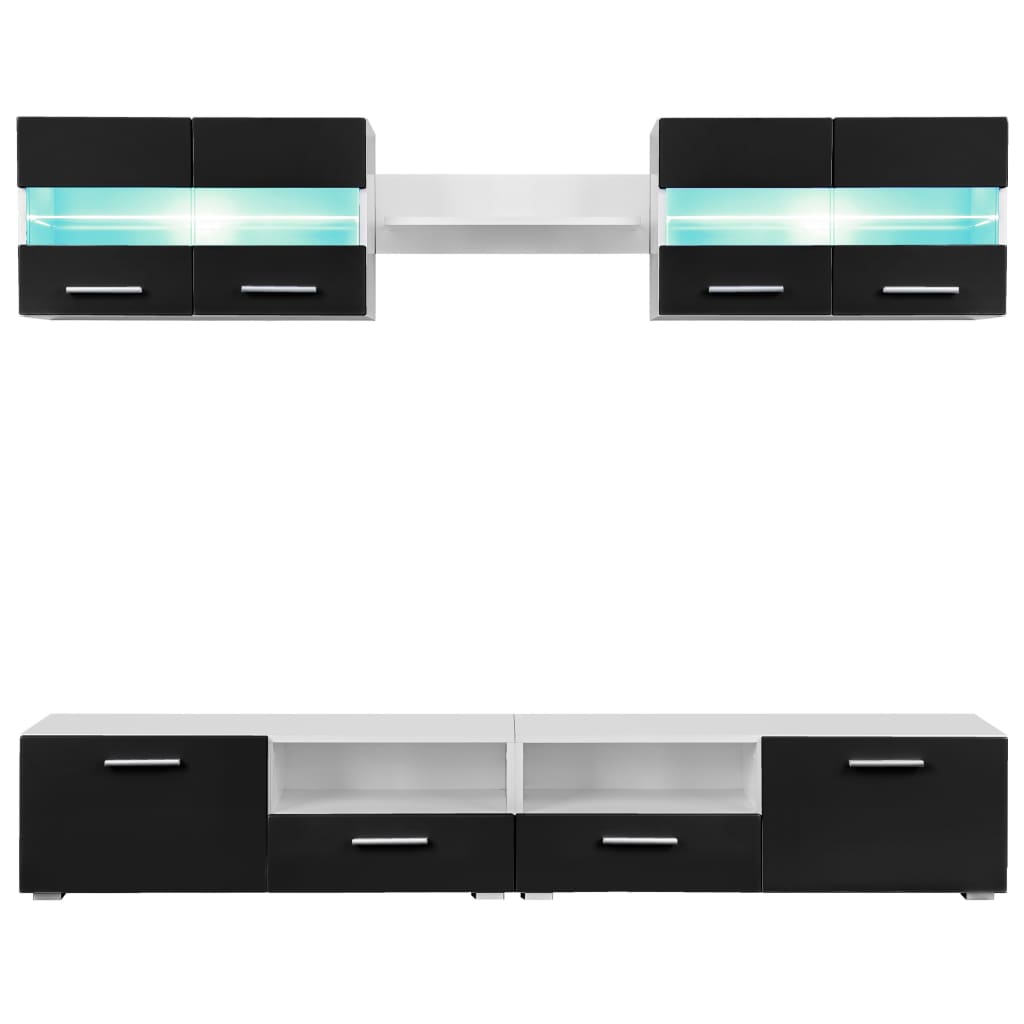 Sieninė TV sekcija su LED šviesomis, 5 d., blizgi, juoda