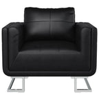 Krėslas, juodas, chromuotos kojos, kubo forma, dirbtinė oda