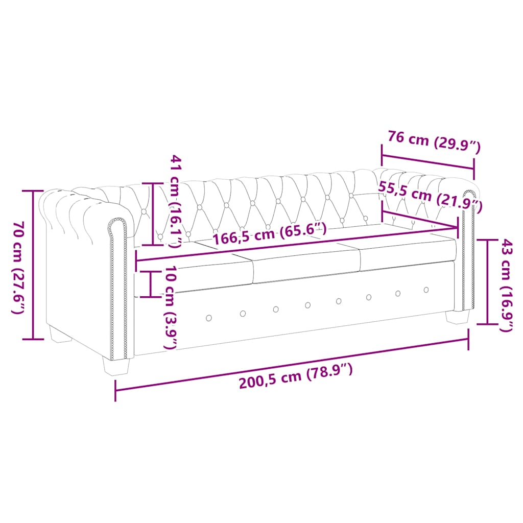 Chesterfield trivietė sofa, dirbtinė oda, juoda