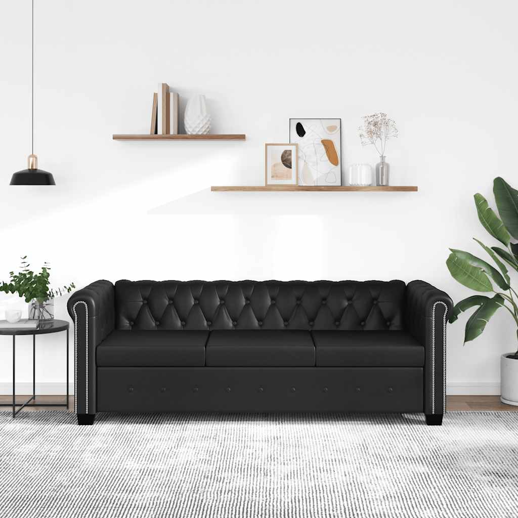 Chesterfield trivietė sofa, dirbtinė oda, juoda