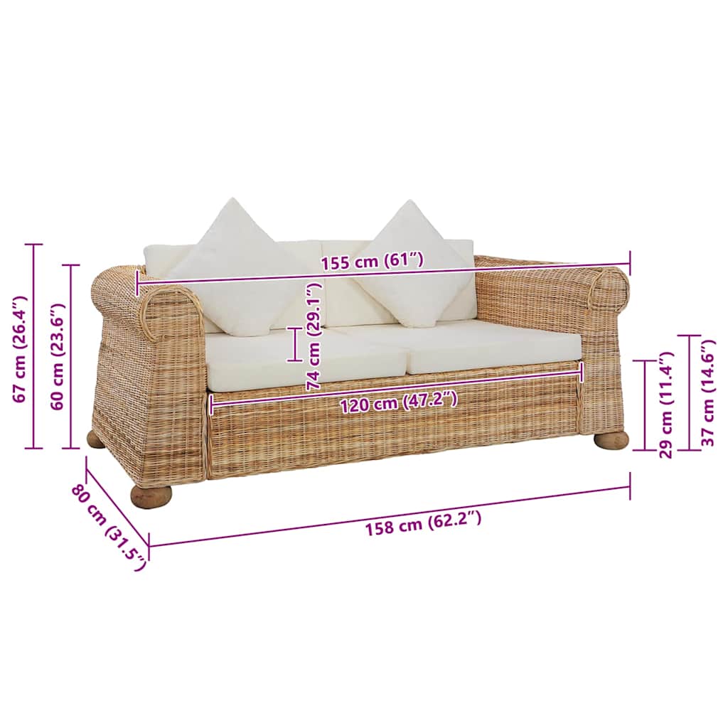 Dvivietė sofa su pagalvėlėmis, natūralios spalvos, ratanas