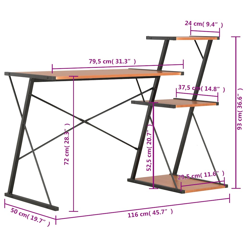Rašomasis stalas su lentyna, juodas ir rudas, 116x50x93cm