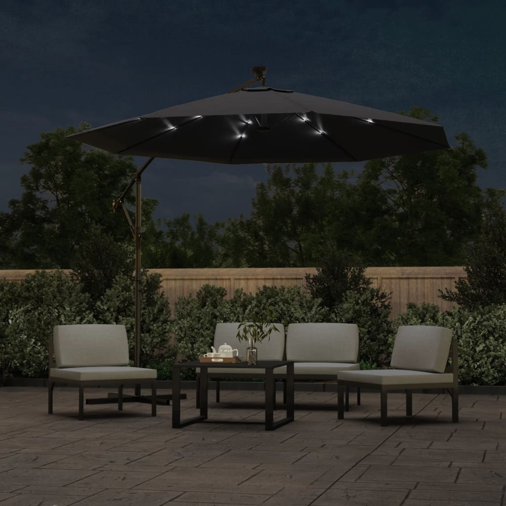 Gembinis skėtis su LED ir plieniniu stulpu, juodas, 300cm
