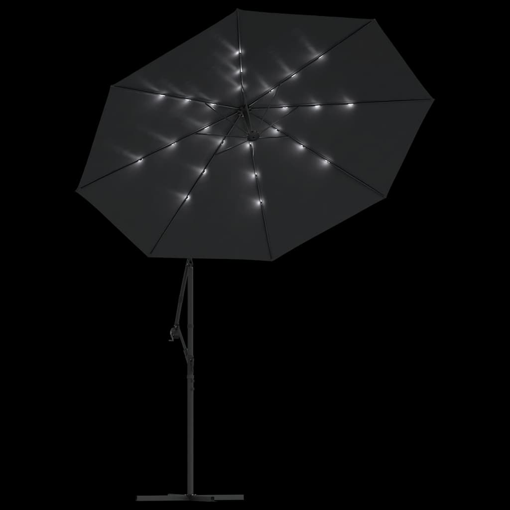 Gembinis skėtis su LED ir plieniniu stulpu, juodas, 300cm