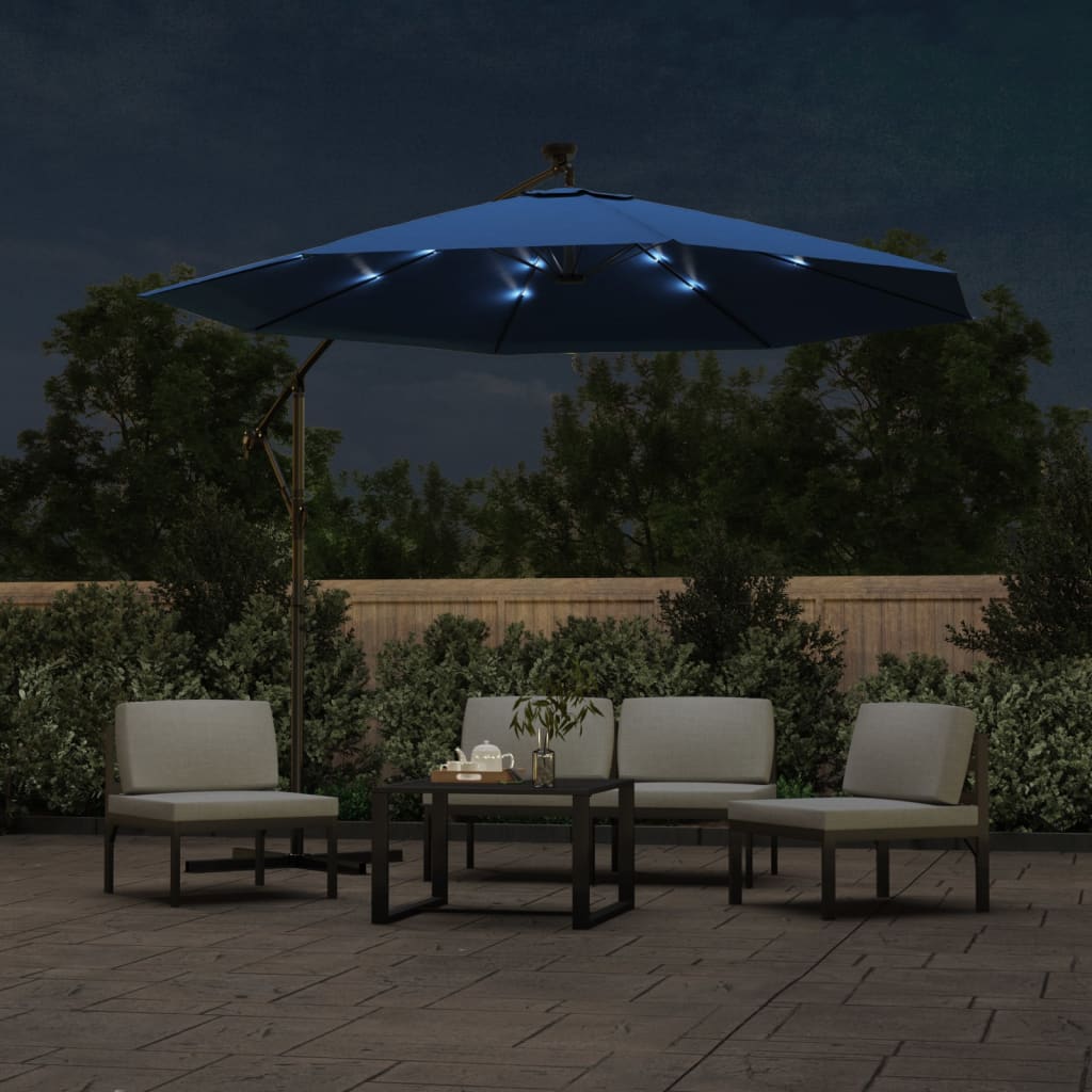 Gembinis skėtis su LED ir plieniniu stulpu, mėlynas, 300cm