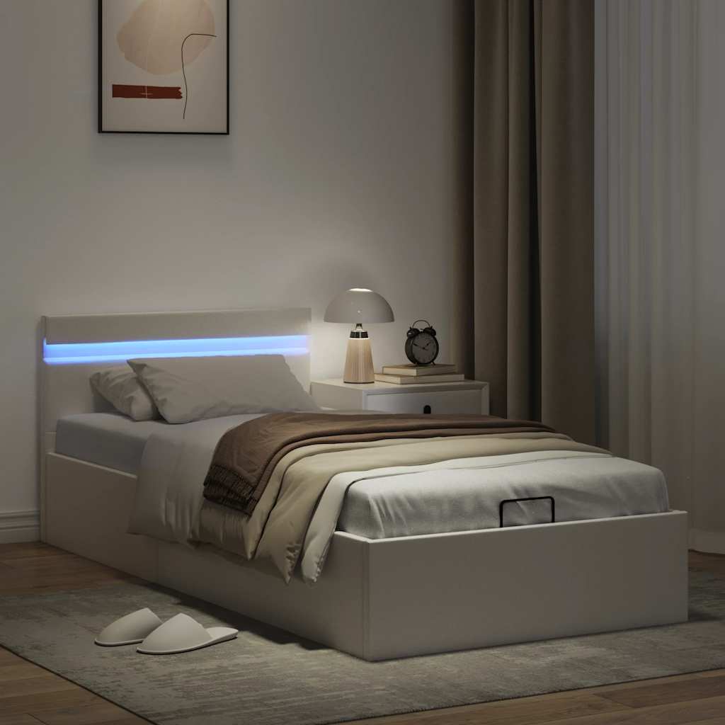 Lovos rėmas su LED/daiktadėže, baltas, 90x200cm, dirbtinė oda