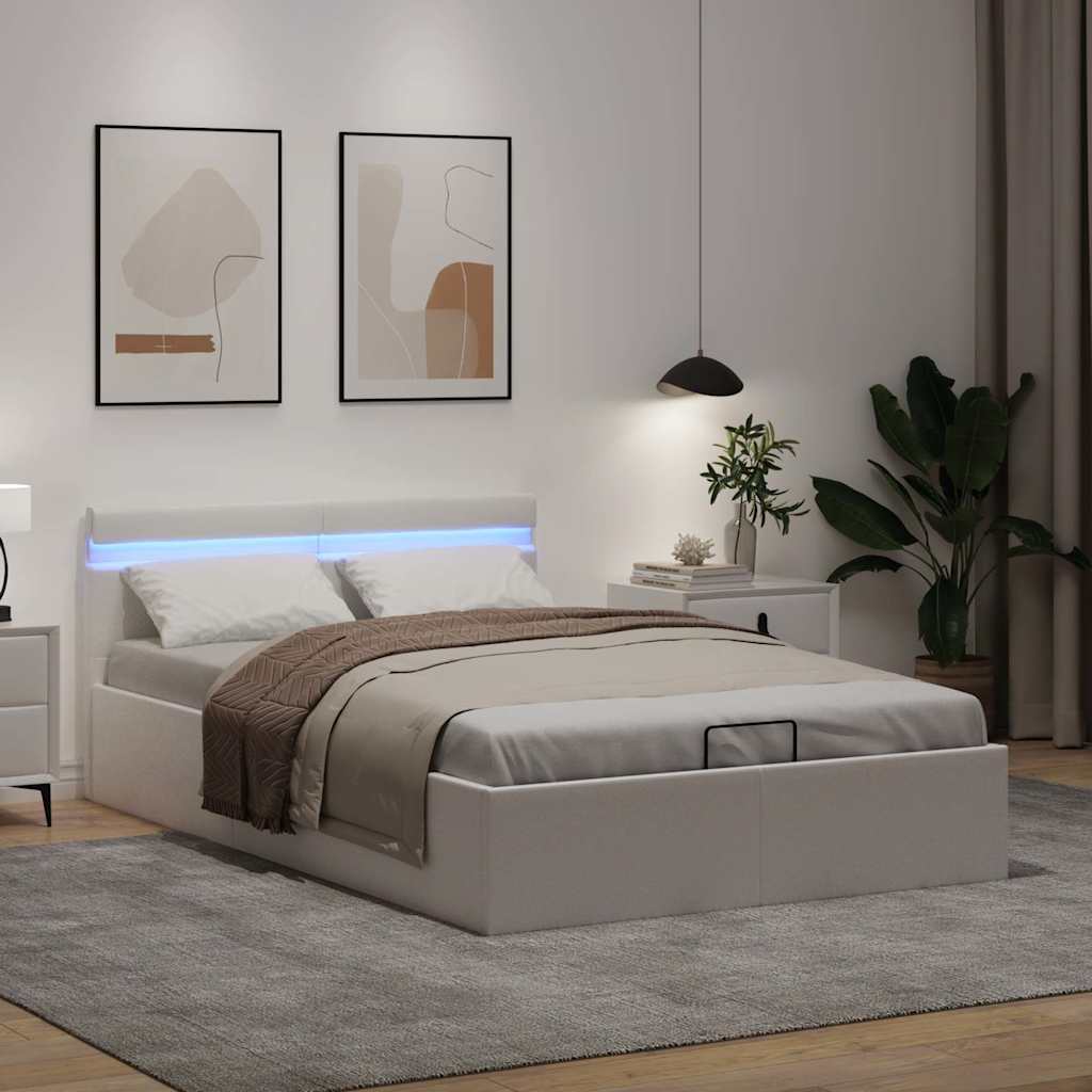 Lovos rėmas su LED/daiktadėže, baltas, 140x200cm, dirbtinė oda