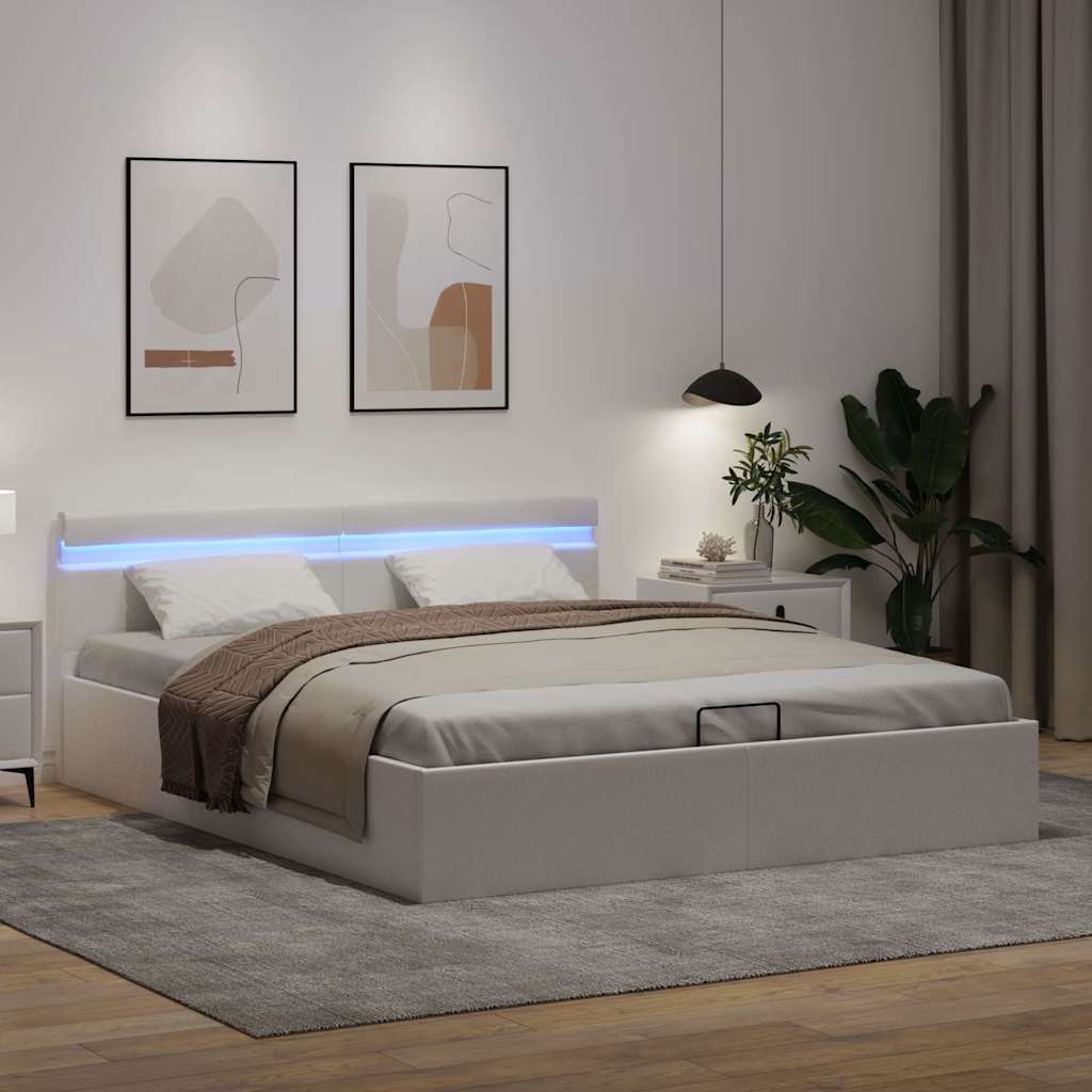 Lovos rėmas su LED/daiktadėže, baltas, 180x200cm, dirbtinė oda