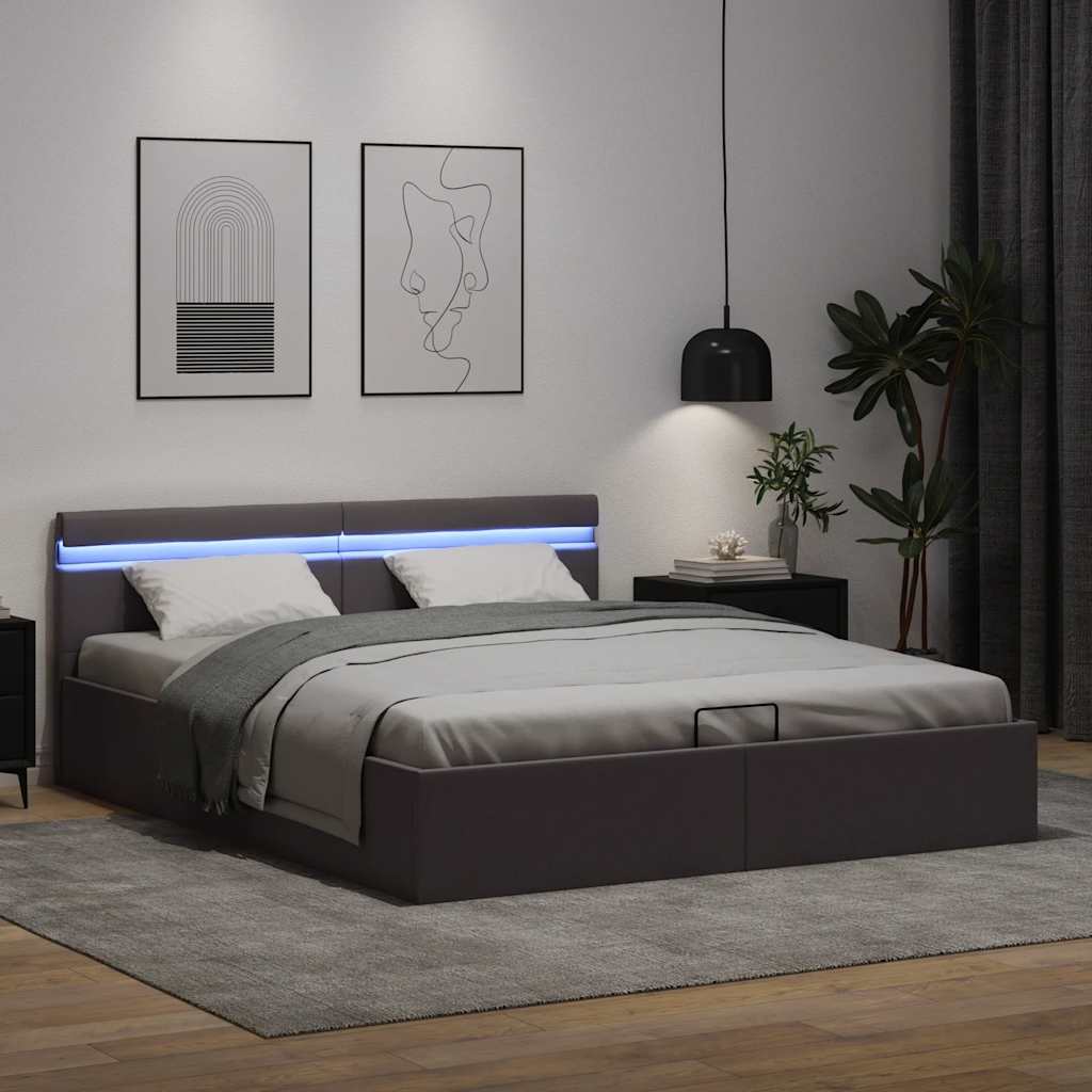 Lovos rėmas su LED/daiktadėže, pilkas, 160x200cm, dirbtinė oda