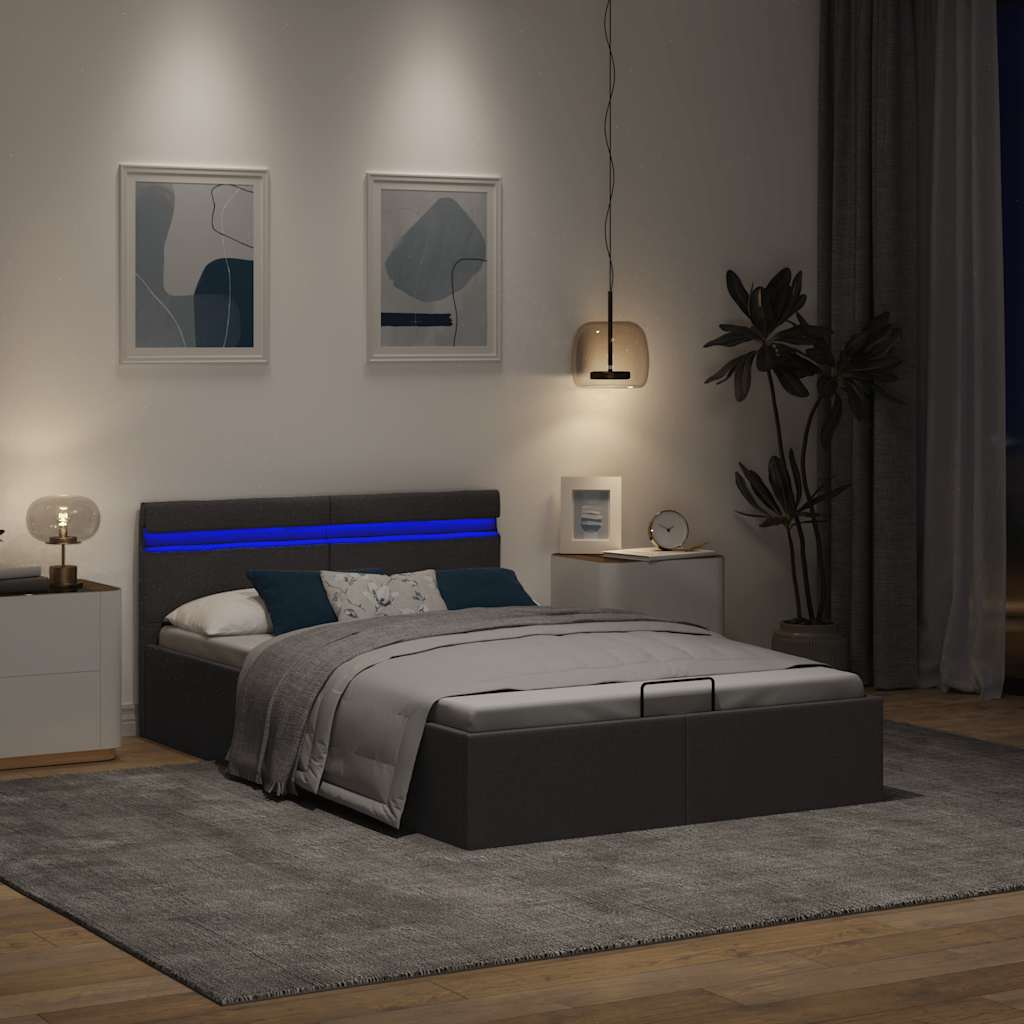 Lovos rėmas su LED ir daiktadėže, pilkas, 140x200cm, audinys