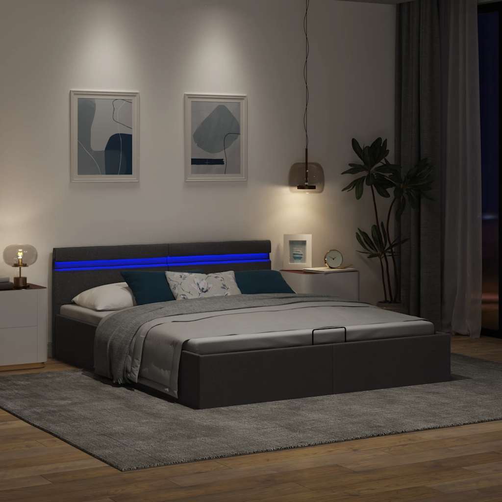 Lovos rėmas su LED ir daiktadėže, pilkas, 180x200cm, audinys