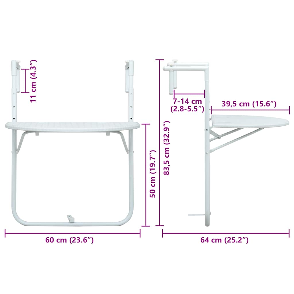 Pakabinamas balkono stalas, baltas, 60x64x83,5cm, plastikas