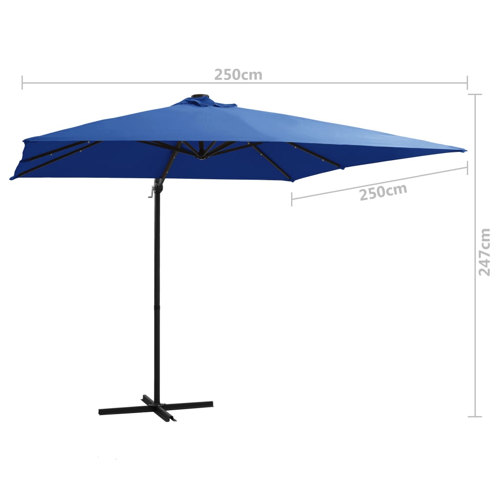 Gembinis skėtis su LED ir plieniniu stulpu, mėlynas, 250x250cm