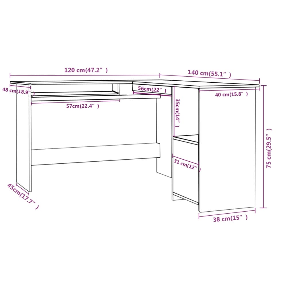 Kampinis stalas, betono, 120x140x75cm, mediena, L formos