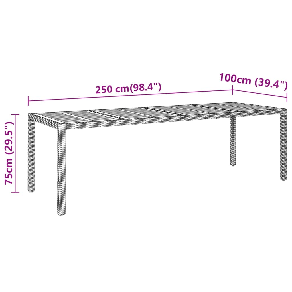 Sodo stalas, juodas, 250x100x75cm, akacija ir poliratanas
