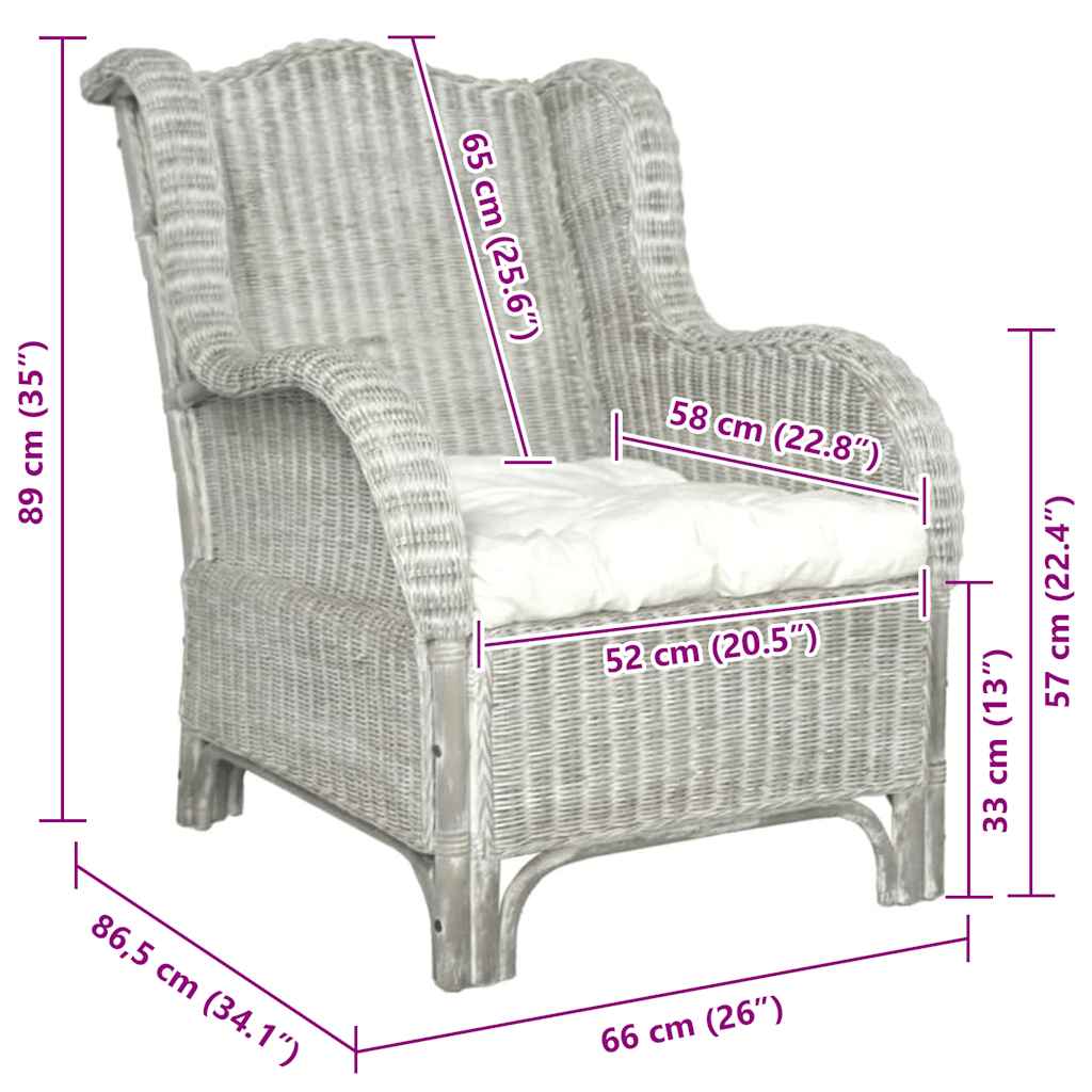 Krėslas su pagalvėle, pilkas, natūralus ratanas ir linas