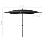 Sodo skėtis su aliuminio stulpu, juodas, 2,5x2,5m, 3 aukščių