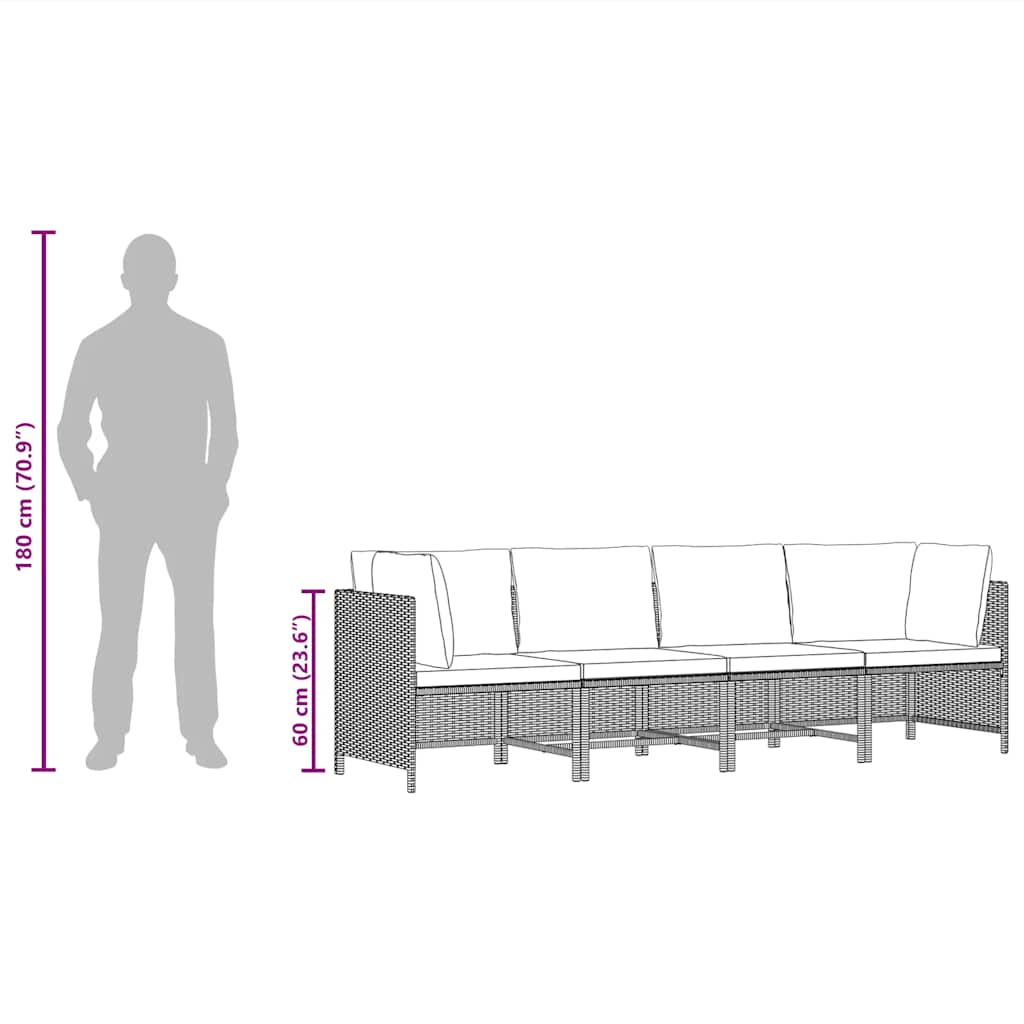 Keturvietė sodo sofa su pagalvėlėmis, juoda, poliratanas