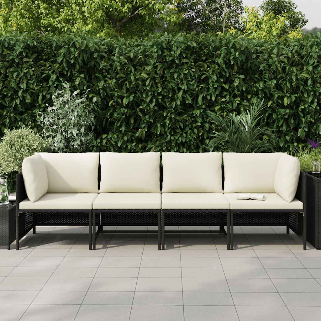 Keturvietė sodo sofa su pagalvėlėmis, juoda, poliratanas