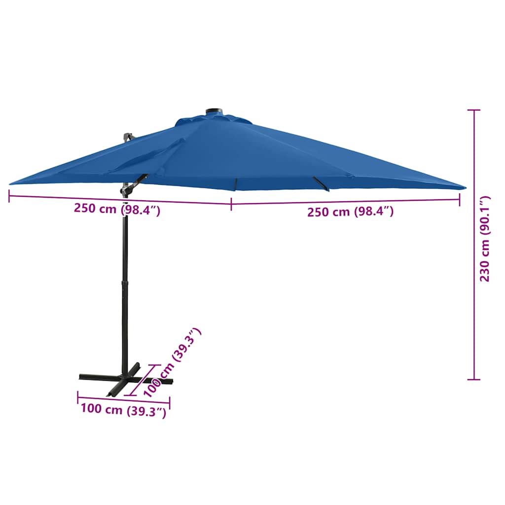 Gembinis skėtis su stulpu ir LED lemputėmis, mėlynas, 250cm