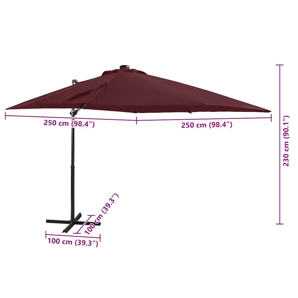 Gembinis skėtis su stulpu ir LED lemputėmis, raudonas, 250cm