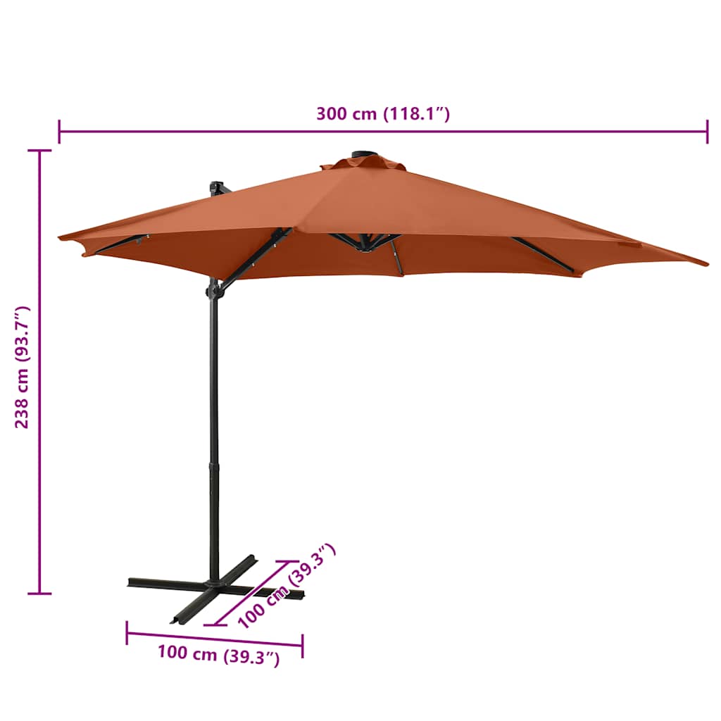 Gembinis skėtis su stulpu ir LED lemputėmis, terakota, 300cm