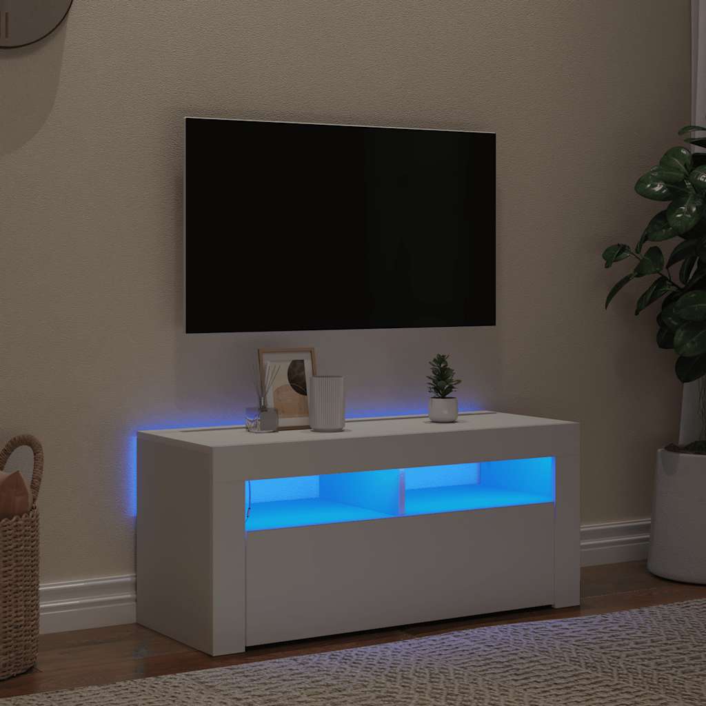 Televizoriaus spintelė su LED apšvietimu, balta, 90x35x40cm