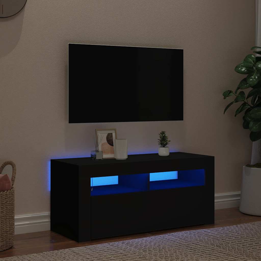 Televizoriaus spintelė su LED apšvietimu, juoda, 90x35x40cm