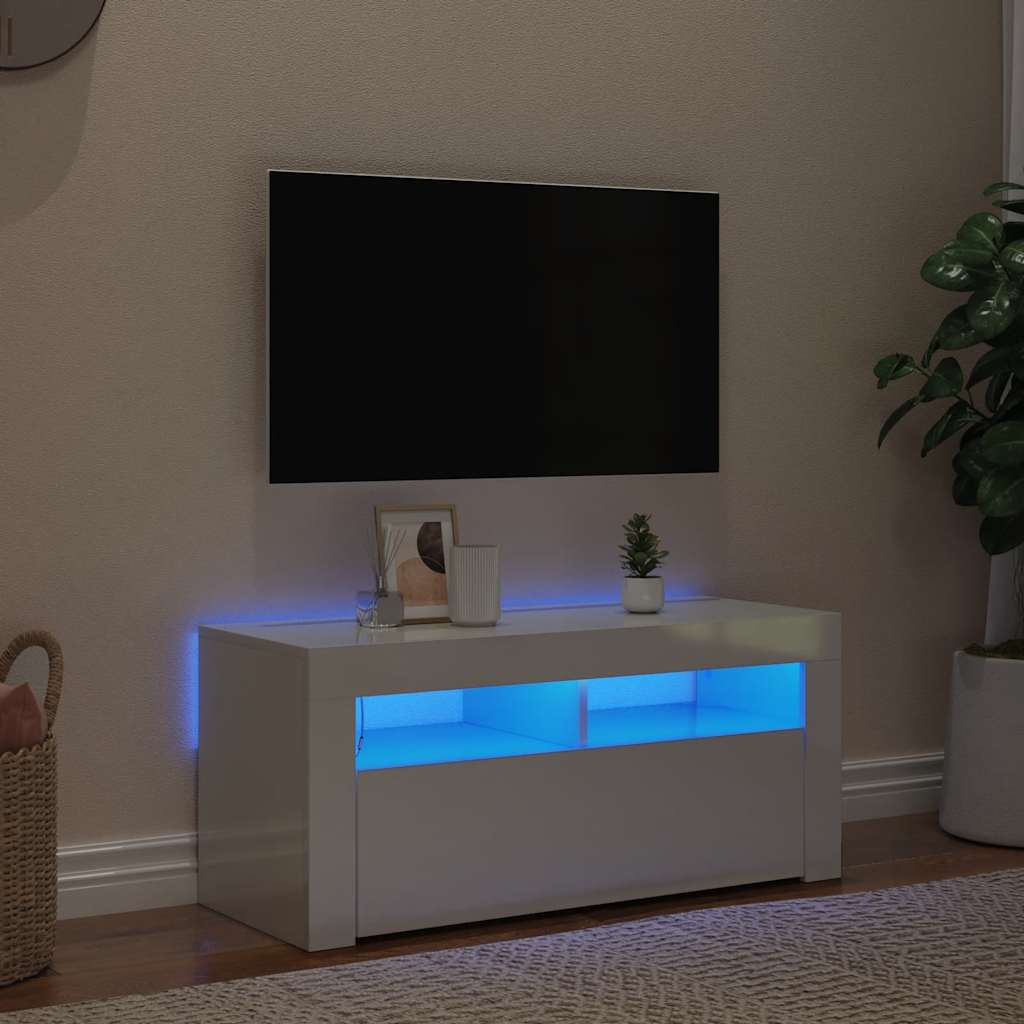 TV spintelė su LED apšvietimu, balta, 90x35x40cm, blizgi