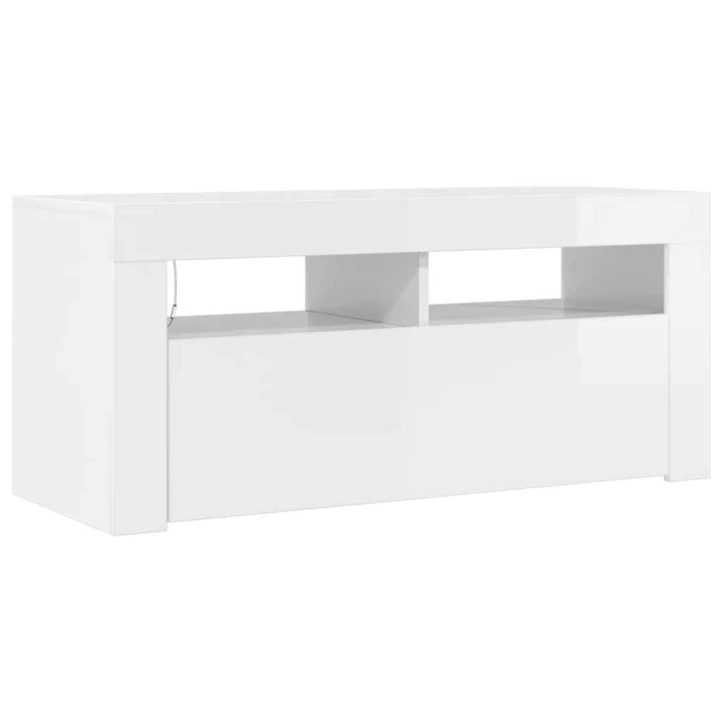TV spintelė su LED apšvietimu, balta, 90x35x40cm, blizgi