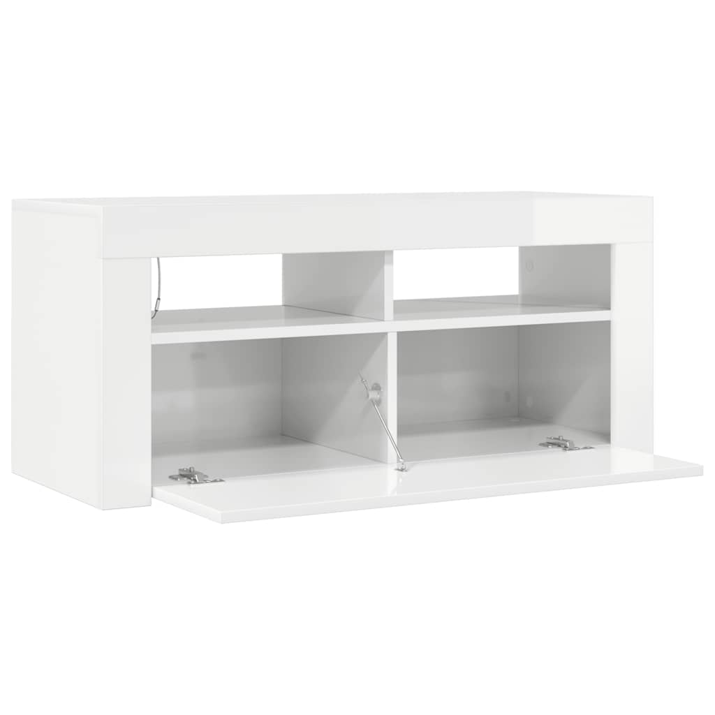 TV spintelė su LED apšvietimu, balta, 90x35x40cm, blizgi