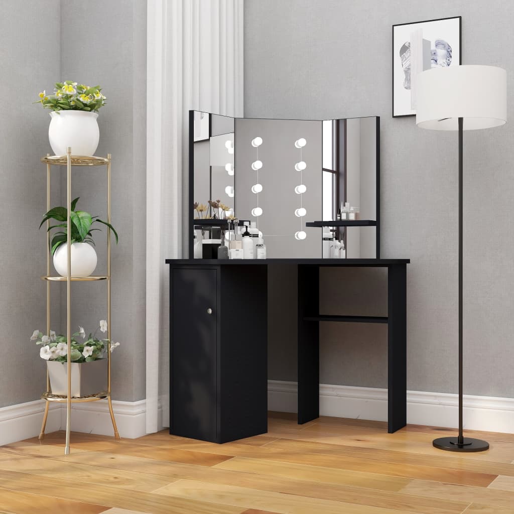 Kampinis kosmetinis staliukas su LED, juodas, 111x54x141,5cm