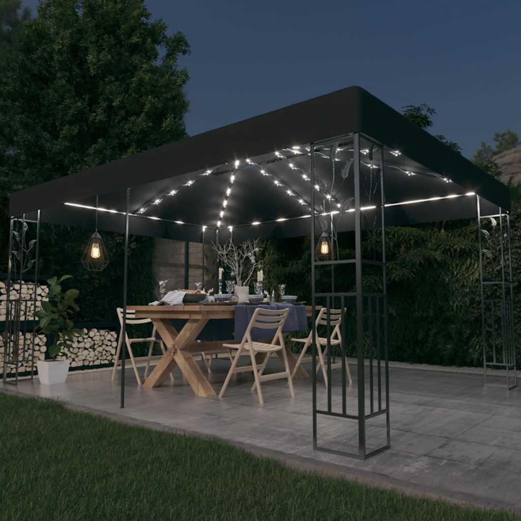 Pavėsinė su lemputėmis LED ir dvigubu stogu, baltos, 3x4m