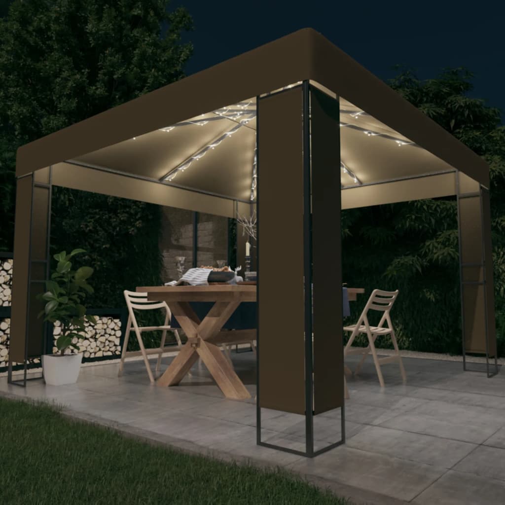 Pavėsinė su lemputėmis LED ir dvigubu stogu, baltos, 3x3m