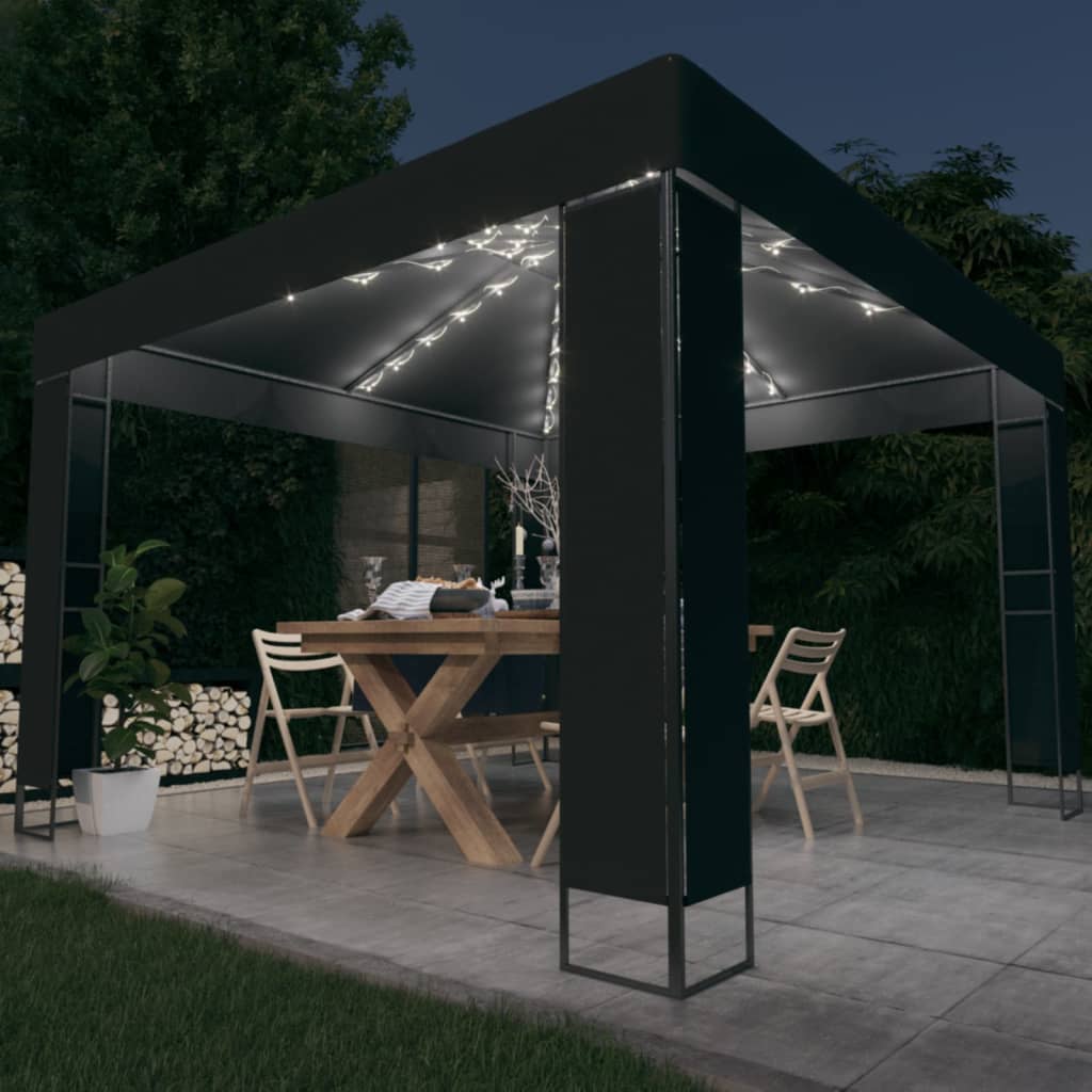 Pavėsinė su lemputėmis LED ir dvigubu stogu, baltos, 3x3m