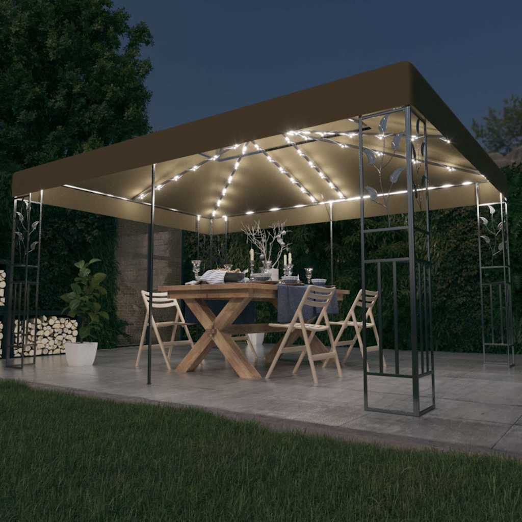 Pavėsinė su lemputėmis LED ir dvigubu stogu, baltos, 3x4m