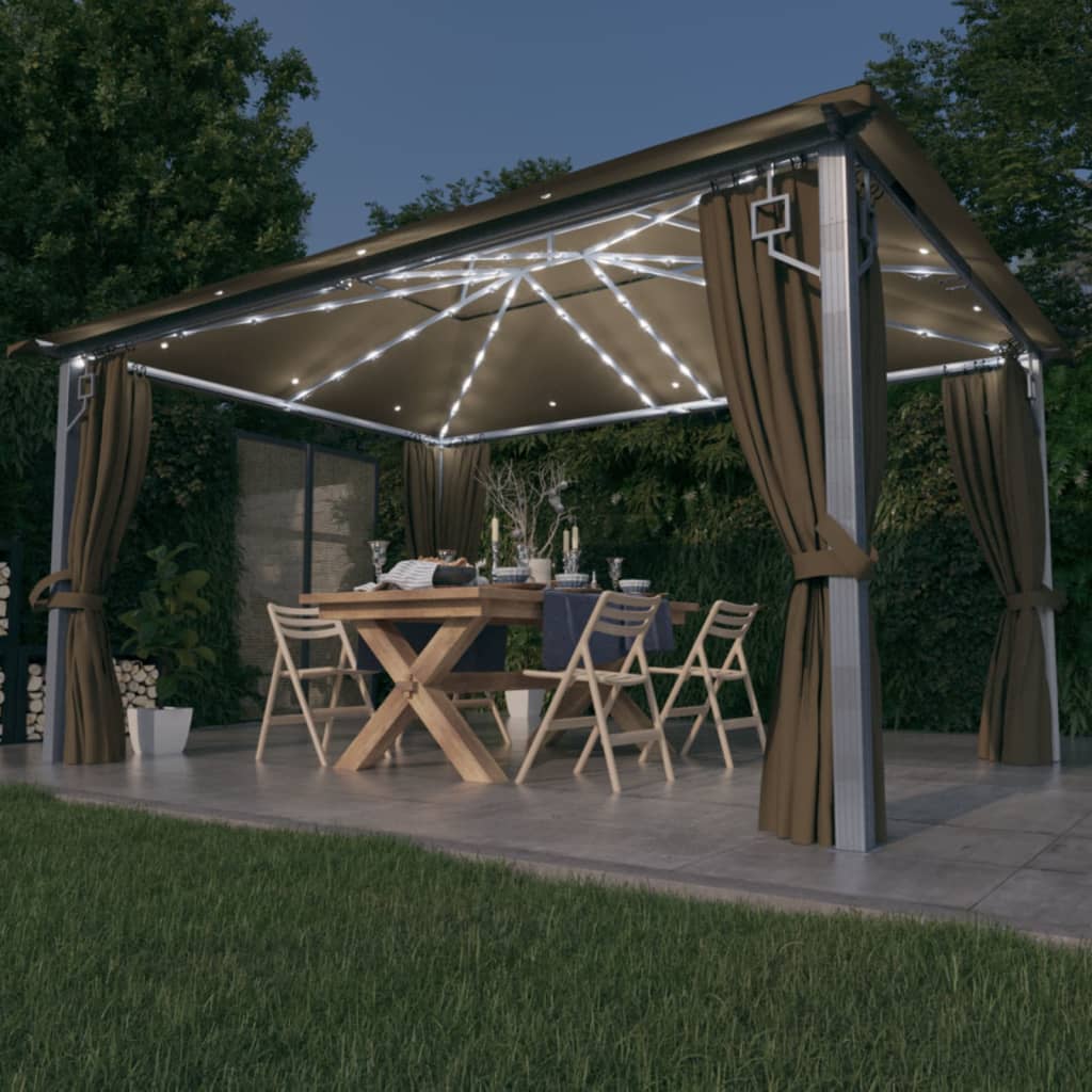 Pavėsinė su užuolaidomis ir lemputėmis LED, taupe, 400x300cm
