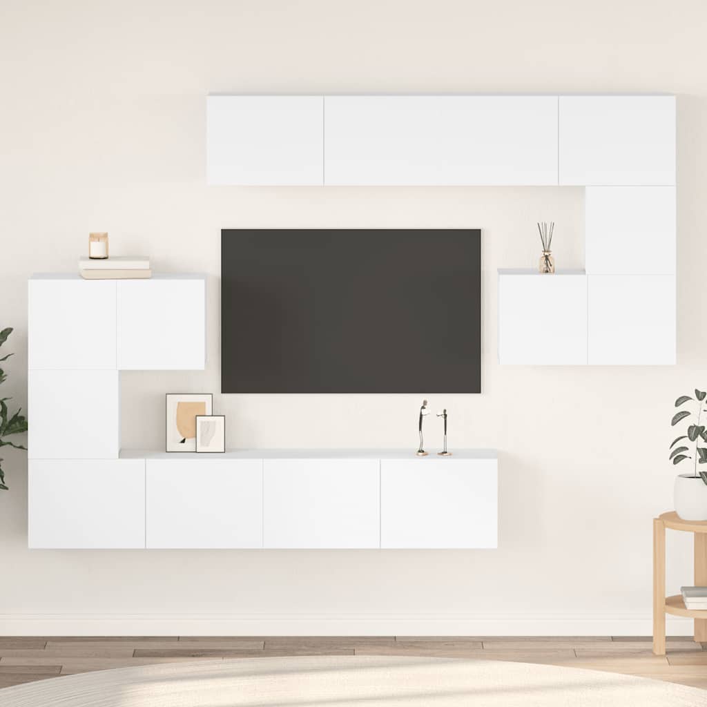 Televizoriaus spintelių komplektas, 8 dalių, baltas, mediena