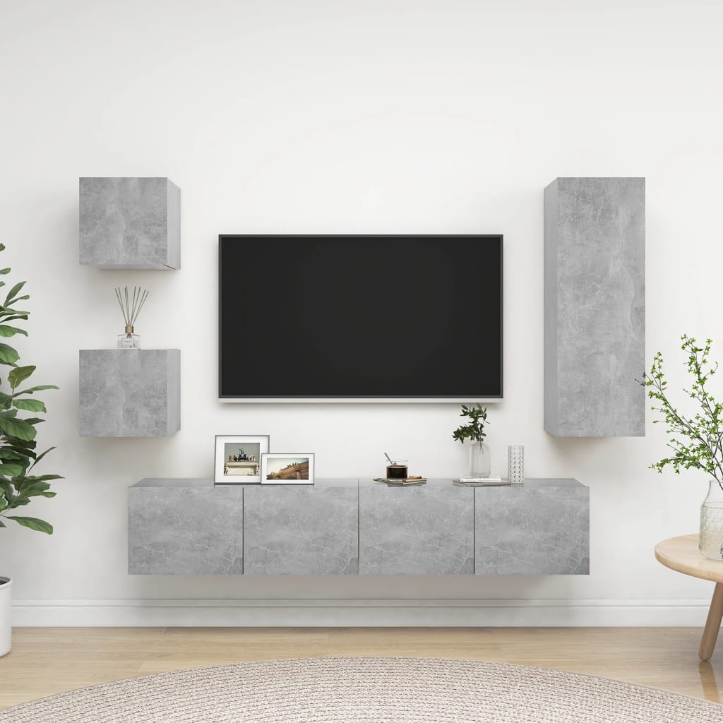 Televizoriaus spintelių komplektas, 5 dalių, betono, mediena