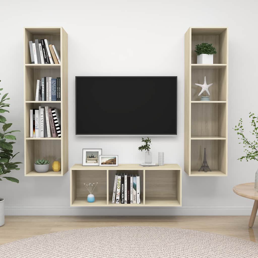 Televizoriaus spintelių komplektas, 3 dalių, ąžuolo, mediena