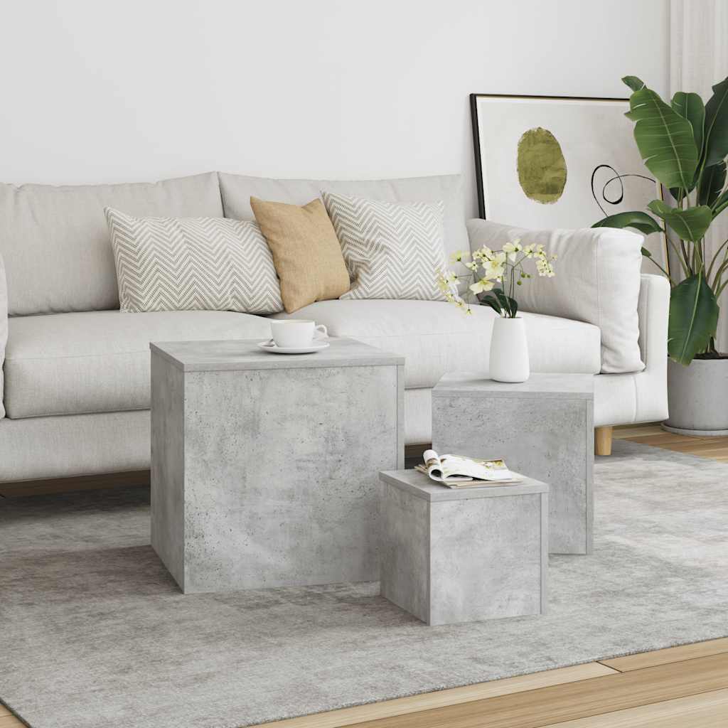 Šoniniai staliukai, 3vnt., betono pilki, apdirbta mediena