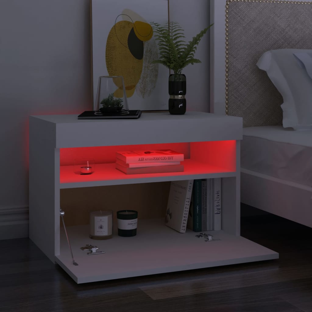 Naktinės spintelės su LED, 2vnt., baltos, 60x35x40cm, mediena