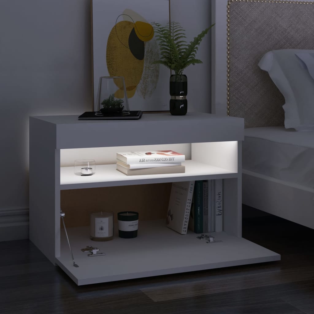 Naktinės spintelės su LED, 2vnt., baltos, 60x35x40cm, mediena