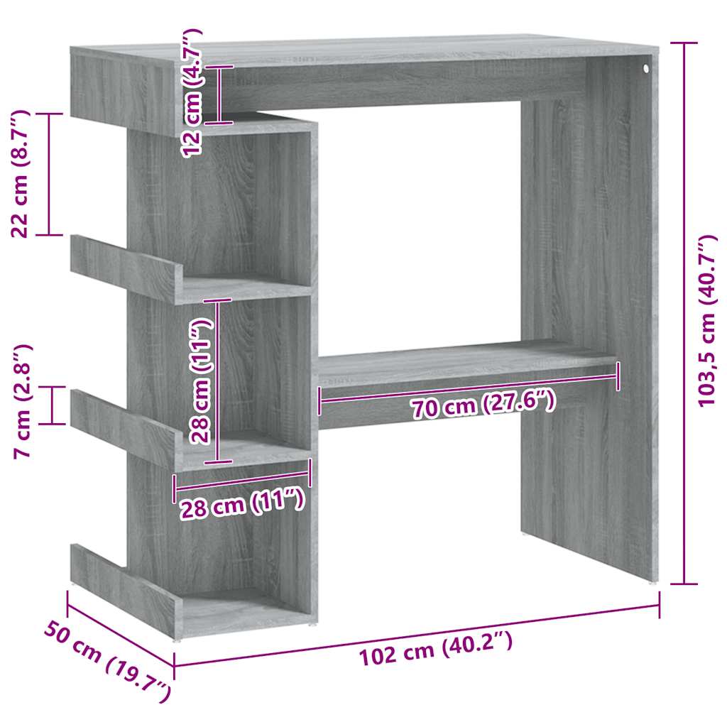 Baro stalas su lentyna, pilka ąžuolo, 100x50x101,5cm, MDP