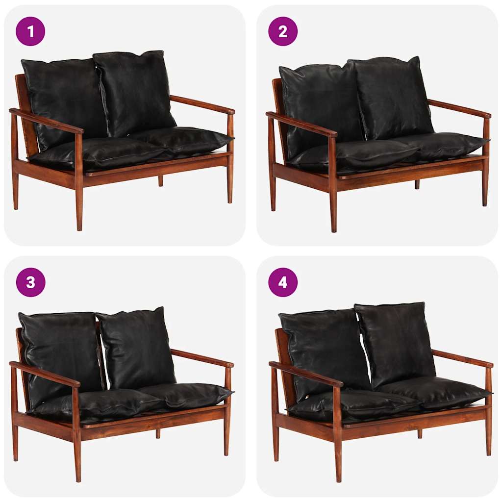 Dvivietė sofa, juodos spalvos, tikra oda ir akacijos masyvas